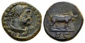 Trajan, 98-117 Quadrans circa 101, Æ 15mm., 3.10g. Laureate bust of Hercules r., wearing lion skin draped around his neck. Rev. S C Boar walking right...