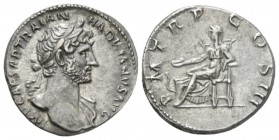 Hadrian, 117-138 Denarius circa 119-122, AR 19mm., 3.46g. Laureate bust r., with drapery on l. shoulder. Rev. Salus seated l., feeding nake coiled aro...