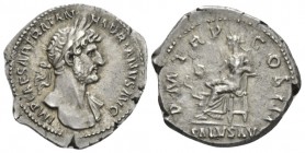 Hadrian, 117-138 Denarius circa 119-122, AR 19mm., 3.38g. Laureate bust r., with drapery on l. shoulder. Rev. Salus, veiled and draped, seated l. and ...