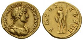 Hadrian, 117-138 Aureus circa 119-125, AV 19mm., 6.95g. Laureate, draped, and cuirassed bust r. Rev. Jupiter standing facing slightly r., wearing cloa...