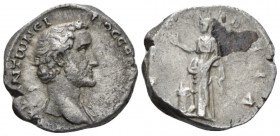 Antoninus Pius, 138-161 Didrachm Caesarea-Eusebia (Cappadocia) circa 138-140, AR 21.3mm., 6.20g. Bare head r. Rev. Eusebia standing l., extending hand...