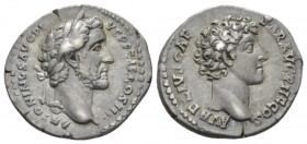 Antoninus Pius, 138-161 Denarius circa 140-144, AR 19mm., 3.38g. Laureate head of Antoninus Pius r. Rev. Bare head of Marcus Aurelius r. C 15. RIC 417...