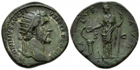 Antoninus Pius, 138-161 Dupondius circa 140-144, Æ 29mm., 16.91g. Radiate head r. Rev. Salus standing l., holding sceptre and feeding snake coiled aro...