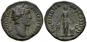 Antoninus Pius, 138-161 As circa 153-154, Æ 26mm., 11.46g. Laureate head r. Rev. Annona standing r., holding modius on cippus and branch; on r., baske...