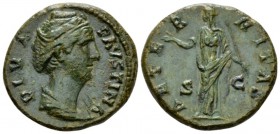 Diva Faustina Dupondius aftr 141, Æ 25mm., 10.03g. Draped bust r. Rev. Veiled Juno standing facing, head l., raising hand and holding sceptre. C 29. R...