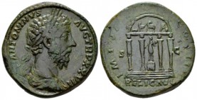 Marcus Aurelius, 161-180 Sestertius circa 172-173, Æ 30mm., 22.50g. Laureate, draped and cuirassed bust r. Rev. Statue of Mercury, wearing petasus and...
