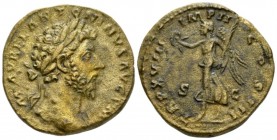 Marcus Aurelius, 161-180 Sestertius circa 163-164, Æ 30mm., 20.55g. Laureate head r. Rev. Victory advancing l., holding wreath and palm. RIC 878. C 85...