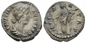 Faustina junior, daughter of Antoninus Pius and wife of Marcus Aurelius Denarius circa 161-164, AR 18mm., 3.47g. Draped bust r. Rev. Hilaritas standin...