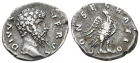 Divus Verus. Denarius circa 169, AR 18mm., 2.96g. Bare head r. Rev. Eagle standing r., head l. C 55. RIC M. Aurelius 596a.

Toned, About Very Fine.