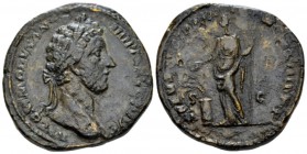 Commodus, 177-192 Sestertius circa 181-182, Æ 32mm., 21.42g. Laureate bust r. Rev. Salus standing l., holding sceptre and feeding snake coiled around ...