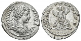 Caracalla, 198-217 Denarius circa 202, AR 18mm., 3.31g. Laureate and draped bust r. Rev. Trophy flanked by seated Parthian captives. C 178. RIC 63.
...
