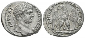 Caracalla, 198-217 Tetradrachm circa 208-212, AR 27mm., 13.70g. Laureate head r. Rev. Eagle standing facing on club r., head and tail l., with wings s...