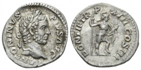 Caracalla, 198-217 Denarius circa 210, AR 17mm., 3.23g. Laureate head r. Rev. Virtus standing r., resting foot on helmet and holding spear and parazon...