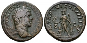 Caracalla, 198-217 As circa 213, Æ 25mm., 12.08g. Laureate head r. Rev. Mars, helmeted, standing l., holding Victory in extended r. hand and resting l...