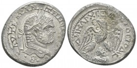Caracalla, 198-217 Tetradrachm Emesa (Seleucis and Pieria) circa 215-217, AR 27.5mm., 13.82g. Laureate head r. Rev. Eagle standing facing, head l., wi...