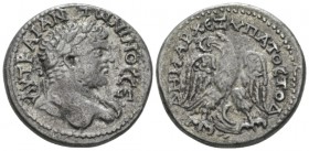 Caracalla, 198-217 Tetradrachm Berytus (Phoenicia) circa 215-217, AR 27.10mm., 12.83g. Laureate bust right, slight drapery. Rev. Eagle standing facing...
