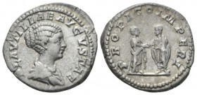 Plautilla, wife of Caracalla Denarius circa 202, AR 19mm., 3.60g. Draped bust r. Rev. Caracalla, togate, standing l., clasping right hands with Plauti...