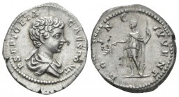 Geta Caesar, 198-209. Denarius circa 200-202, AR 18mm., 3.32g. Bare-headed draped bust r. Rev. Geta, in military attire, standing l., holding branch i...