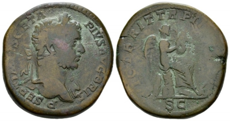 Geta, 209-212 Sestertius circa 211, Æ 33mm., 24.86g. Laureate head r. Rev. Victo...