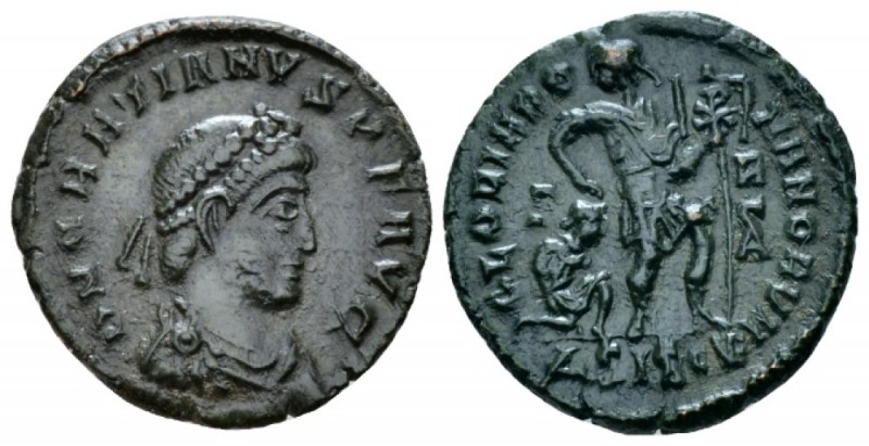 Gratian, 367-383 Æ3 Siscia circa 367-375, Æ 18mm., 2.56g. Pearl-diademed, draped...