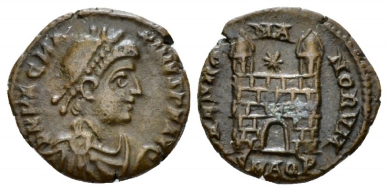 Magnus Maximus, 383-388 Æ4 Aquileia circa 387-388, Æ 12mm., 1.37g. Pear-diademed...