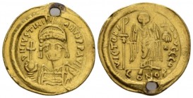 Justinian I, 1 August 527 – 14 November 565. Solidus circa 545, AV 21mm., 4.40g. Helmeted, pearl-diademed and cuirassed bust facing, holding globus cr...