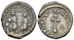 Heraclius, with Heraclius Constantine, 610-641. Hexagram circa 632-635, AR 20mm., 6.56g. Heraclius and Heraclius Constantine seated facing on double t...
