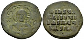 temp. Basil II & Constantine VIII, circa 976-1025. Follis circa 976-1025, Æ 28mm., 11.22g. Facing bust of Christ Pantokrator. Rev. + IҺSЧS / XRISTЧS /...