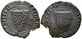 Provence, Robert I d'Anjou, 1309-1343. Seal 1309-1343, PB 41.1mm., 32.73g. + ROBTI • DЄI GRA IЄRLM ЄT SICIL RЄG Coat-of-arms of Provence-Sicily; : B :...