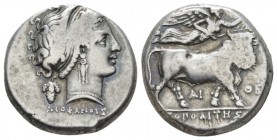 Campania, Neapolis Nomos circa 320-300, AR 18mm., 7.52g. Diademed head of nymph r., wearing earring and necklace; in l. field, bunch off grapes. Rev. ...