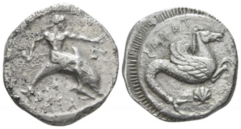 Calabria, Tarentum Nomos circa 500-480, AR 20mm., 8.09g. Oecist riding dolphin r...