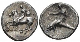 Calabria, Tarentum Nomos circa 302-280, AR 21mm., 7.10g. Horseman advancing l; holding shield. Rev. Oecist riding dolphin l., holding wreath. Vlasto 6...
