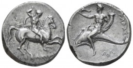 Calabria, Tarentum Nomos circa 280-272, AR 20mm., 7.88g. Horseman galloping r., holding spears and shield. Rev. Oecist riding dolphin l., holding dolp...