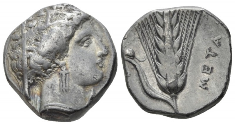 Lucania, Metapontum Nomos circa 340-330, AR 19mm., 7.75g. Veiled bust of Demeter...