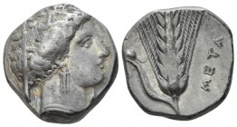 Lucania, Metapontum Nomos circa 340-330, AR 19mm., 7.75g. Veiled bust of Demeter r., wearing earring and necklace. Rev. Barley ear; in l. field, mouse...