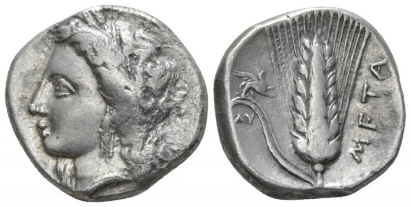 Lucania, Metapontum Nomos circa 330-290, AR 19mm., 7.59g. Barley-wreathed head o...