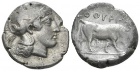 Lucania, Thurium Nomos circa 443-400, AR 19mm., 7.65g. Head of Athena r., wearing Attic helmet decorated with hippocamp. Rev. Bull advancing r. In exe...