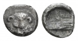 Sicily, Messana as Zankle Tetartemorion circa 493-488 Under Samian Rule, AR 5mm., 0.23g. Facing lion's scalp. Rev, Prow of a Samaina l. SNG ANS 311. C...