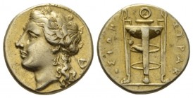 Sicily, Syracuse 50 litrae circa 305-300, EL 16mm., 3.58g. Laureate head of Apollo l.; behind, cantharus. Rev. Tripod. Jenkins, Electrum Group B, dies...