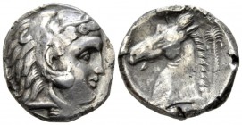 The Carthaginians in Sicily and North Africa, Entella (?) Tetradrachm circa 320-300, AR 23.5mm., 16.34g. Head of Heracles-Melqart r., wearing lion's s...