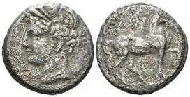 The Carthaginians in Sicily and North Africa, Carthage Reduced double shekel circa 200-146,, billon 25mm., 12.50g. Wreathed head of Tanit l. Rev. Hors...