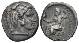 Kingdom of Macedon, Alexander III, 336 – 323 Lampsacus Drachm circa 328-323, AR 18mm., 3.98g. Head of Heracles r., wearing lion skin headdress. Rev. Z...