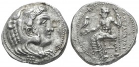 Kingdom of Macedon, Alexander III, 336 – 323 Tyre Tetradrachm circa 332/1-328/7,, AR 25mm., 16.64g. Head of Herakles r., wearing lion skin. Rev. Zeus ...