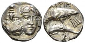 Moesia, Istrus Drachm IV-III cent., AR 17mm., 5.29g. Two young male heads facing and united, one inverted. Rev. Sea-eagle l., perching on dolphin; bel...