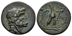Moesia, Tomis Bronze II cent. BC, Æ 18mm., 3.02g. Laureate head of Zeus r. Rev. Eagle standing facing on thunderbolt, head l.; pilei of the Dioscuri t...