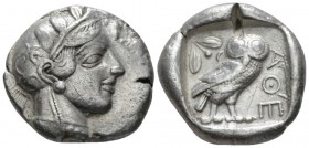 Attica, Athens Tetradrachm circa 450-420, AR 26mm., 16.39g. Head of Athena r., wearing Attic helmet decorated with olive wreath and palmettae. Rev. Ow...
