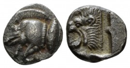 Mysia, Cyzicus Obol circa 525-475, AR 10mm., 1.13g. Forepart of boar l; in r. field, tunny. Rev. Head of lion l; all within incuse square. SNG France ...
