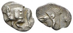 Mysia, Cyzicus Diobol circa 450-400, AR 12mm., 0.74g. Forepart of boar l.; in r. field, tunny upward. Rev. Head of roaring lion l. within incuse squar...