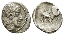 Mysia, Lampsacus Obol circa 500-450, AR 10mm., 1,20g. Female janiform head. Rev. Helmeted head of Athena l.; in r. field, S. All within incuse square....