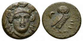 Troas, Sigeiun Bronze circa 355-334 BC, Æ 11mm., 1.84g. Head of Athena facing slightly r., wearing triple-crested Attic helmet and necklace. Rev. Owl ...